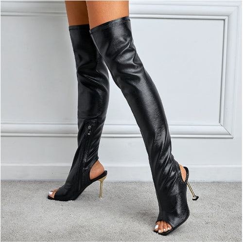 Women's Square Toe peep toe Over Knee Side Zip Boots