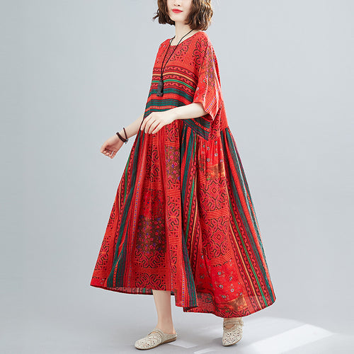 Plus size Red Cotton printed Dress