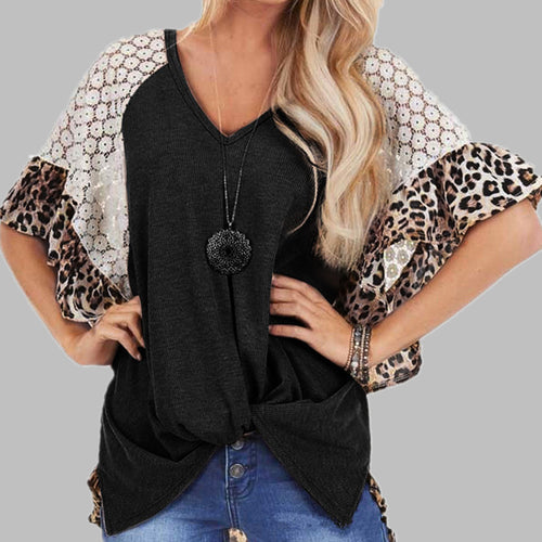 Plus size Leopard Patchwork T-shirt  V-neck women’s top