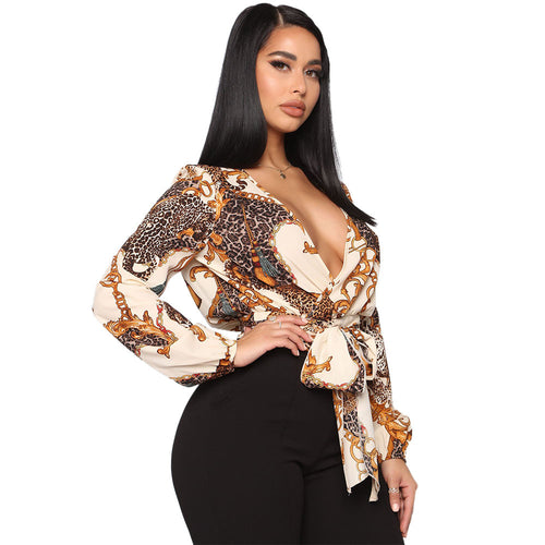 Plus size V-Neck Bow Tie Long-Sleeved Crop Top