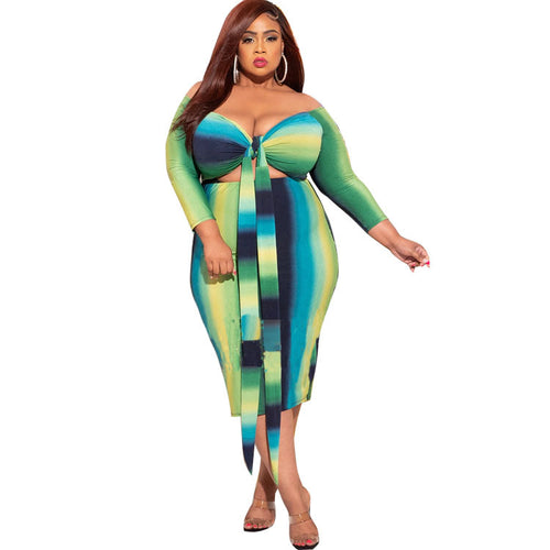 Plus size Striped Dress With Wrapped Chest And Tie