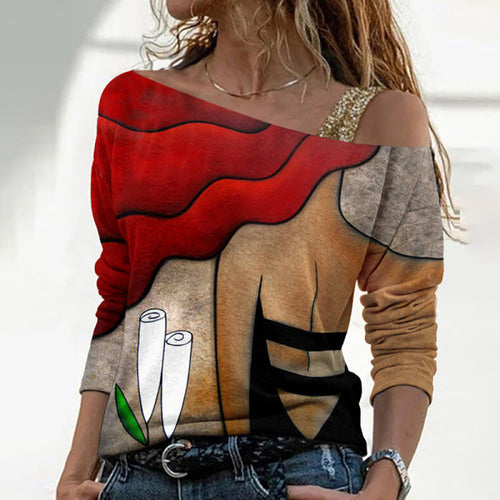 Fashion Casual Printed Trendy Diagonal Collar Top