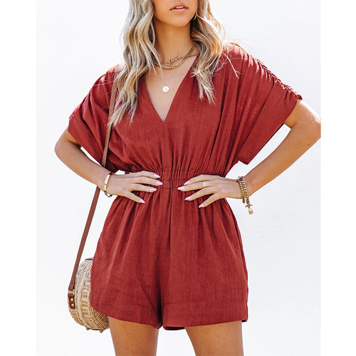 Plus size Solid Color V-neck Romper