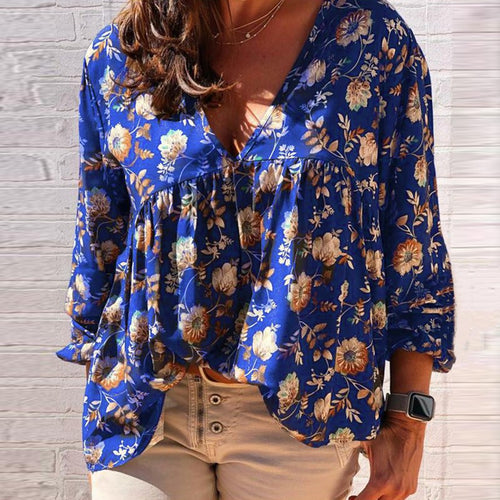 Plus Size  V-neck printed long-sleeved Top