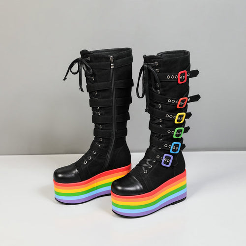 Women's Denim Buckled Pride High Platform  Boots