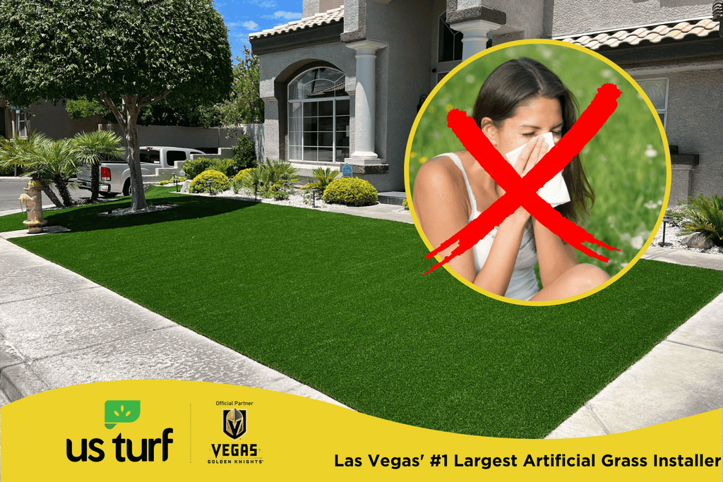 Photo of artificial grass front yard and a lady sneezing crossed off with a big red x