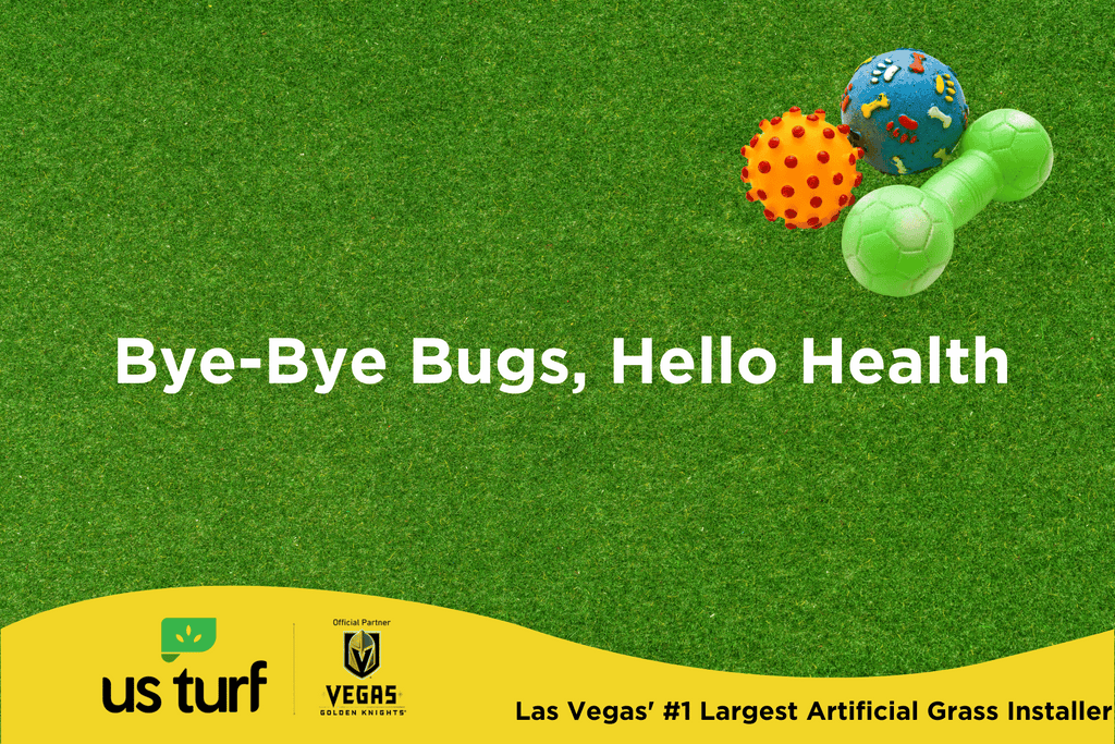 dog toys on artificial grass with Bye-Bye Bugs, Hello Health text overlay