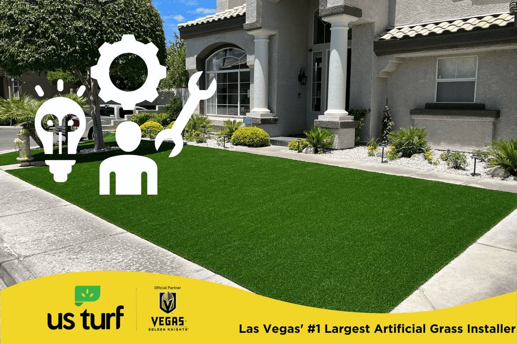 photo of front yard with artificial turf and maintenance symbols overlay