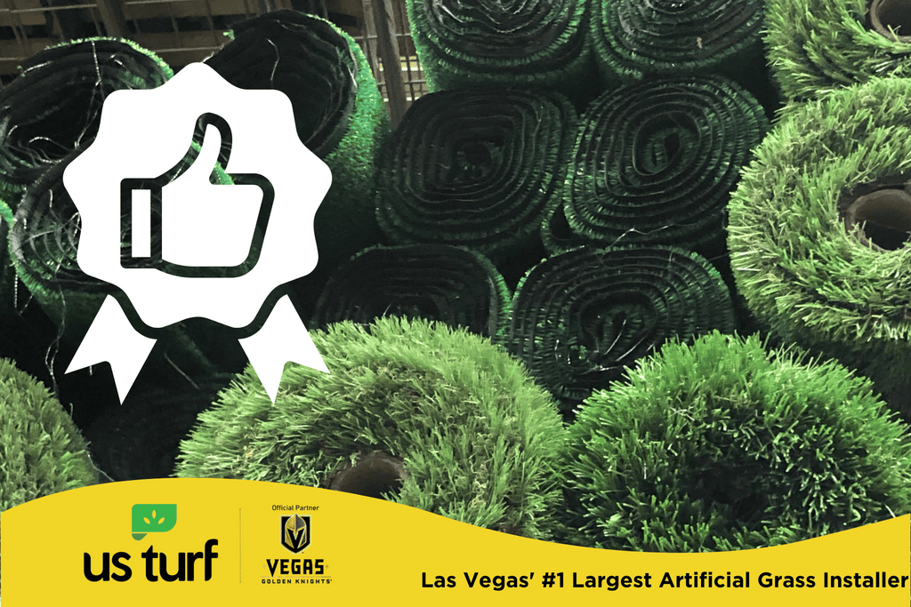 rolls of artificial grass with thumbs up badge icon overlay