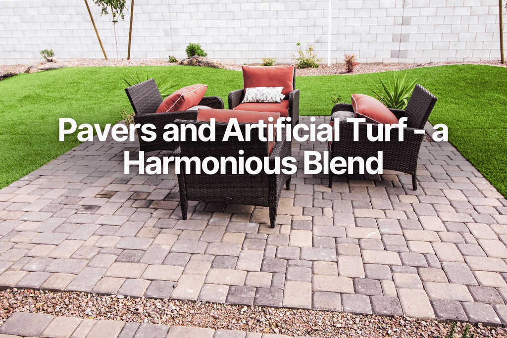 photo of a patio set on top of pavers, surrounded by artificial grass