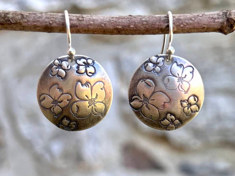 sterling silver stamped dogwood disc earrings