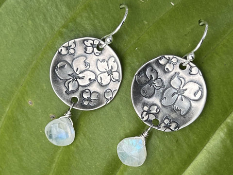 Sterling Silver Dogwood earrings with moonstones