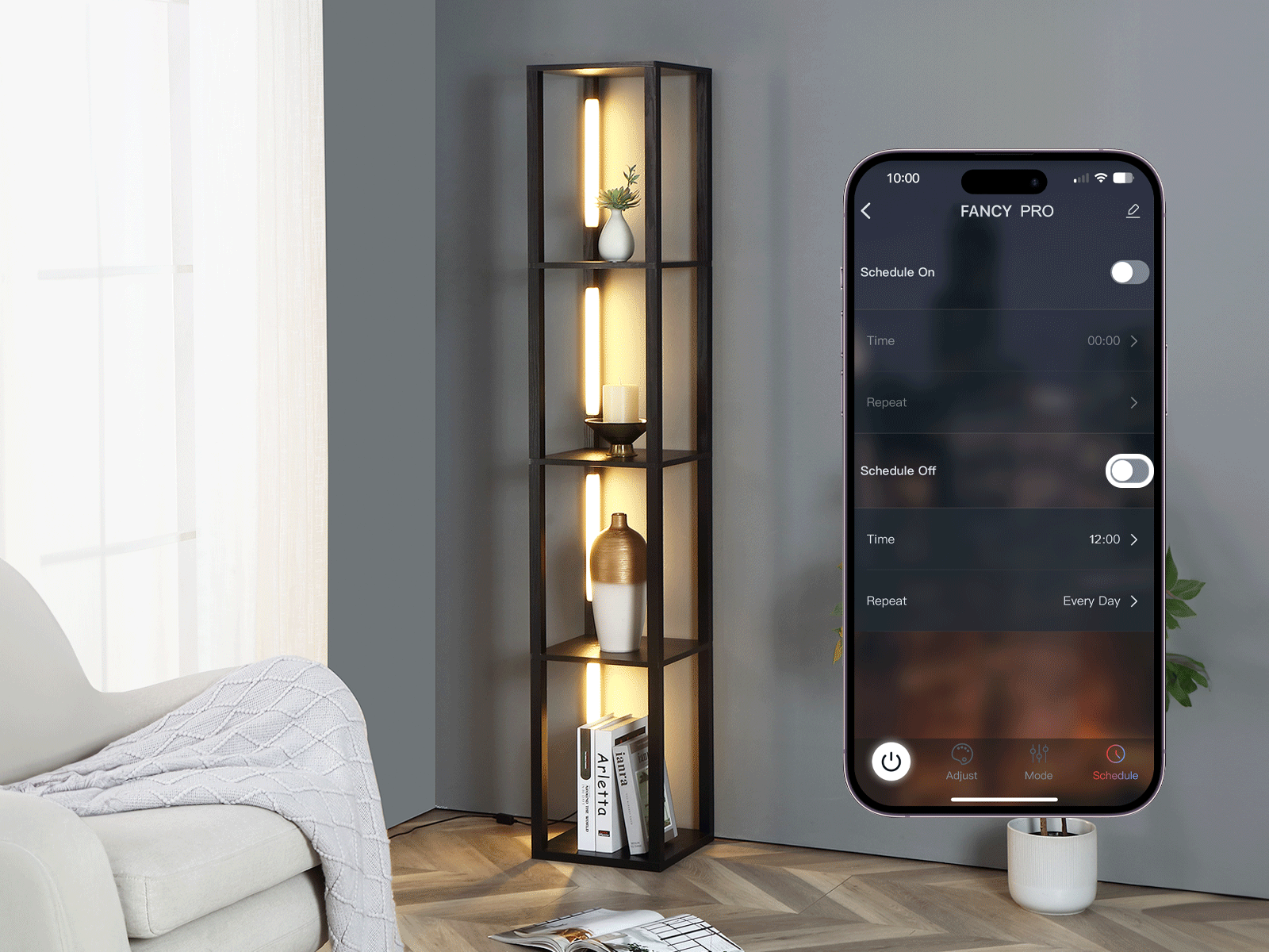 LED shelf with timer and schedule