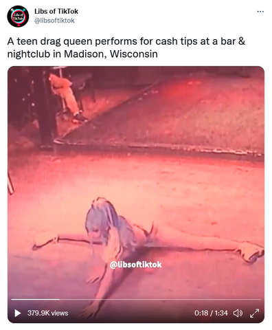 A tweet by libs of tiktok showing a teen drag queen performing in Wisconsin