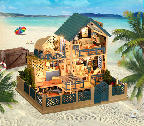 Fifijoy Blue Mediterranean Villa DIY Miniature House Kit