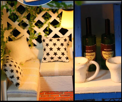 Fifijoy Blue Mediterranean Villa DIY Miniature Dollhouse Kit