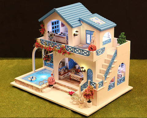 Fifijoy Blue and White Town Mini Size Dollhouse Miniature Kit
