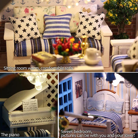Fifijoy Blue and White Town Diy Doll house Miniature Kit decoration