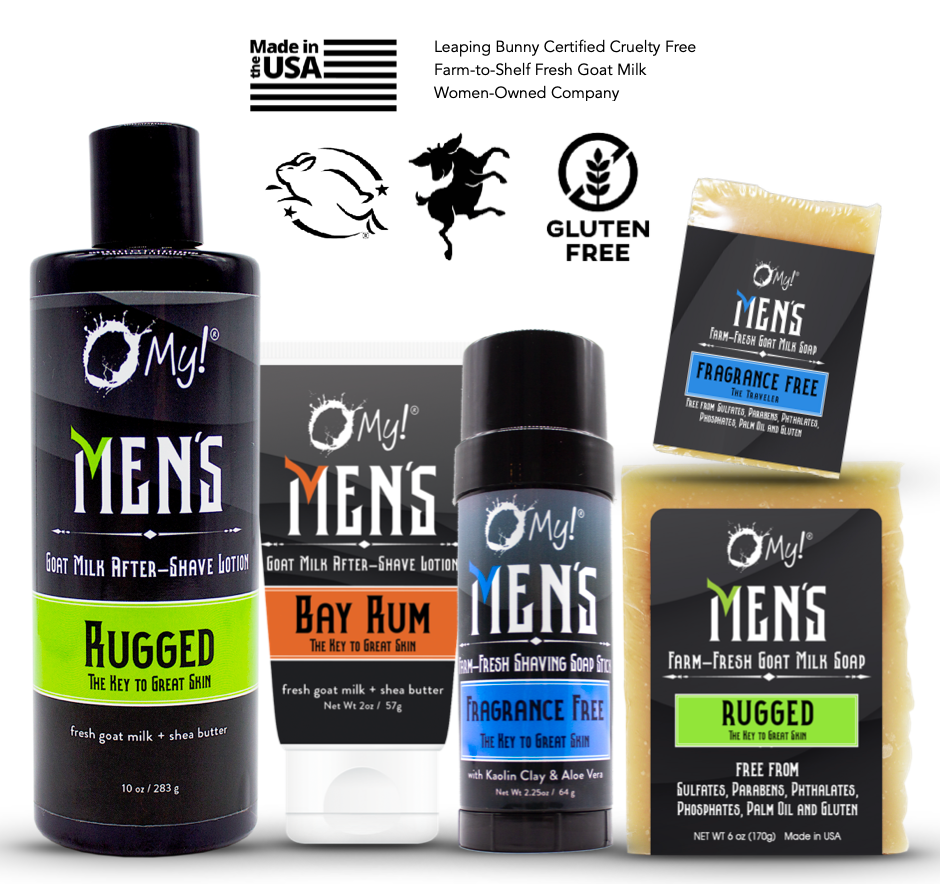 O My! Men's Grooming line is the newest addition to the O My! brand.  Men's grooming includes After-Shave Lotions, Shaving Soap Pucks, Traveler Soaps and more!