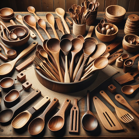 Assortment of wooden kitchen utensils and bowls neatly displayed on a rustic table, showcasing variety and craftsmanship.