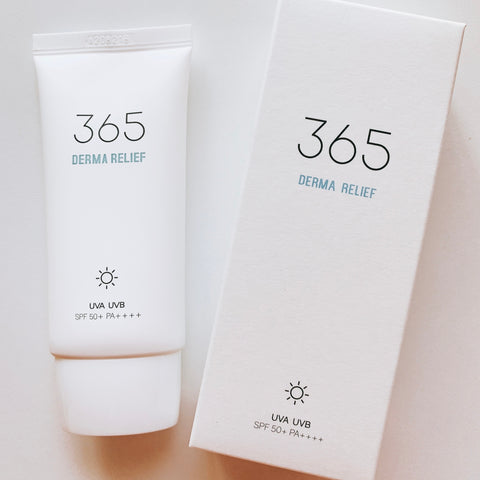 Round Lab 365 Derma Relief Sunscreen with SPF50+ PA++++ contains Houttuynia Cordata, Centella Asiatica, Panthenol, and Allantoin.