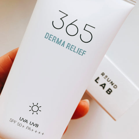 Round Lab 365 Derma Relief Sunscreen with SPF50+ PA++++ contains Houttuynia Cordata, Centella Asiatica, Panthenol, and Allantoin.