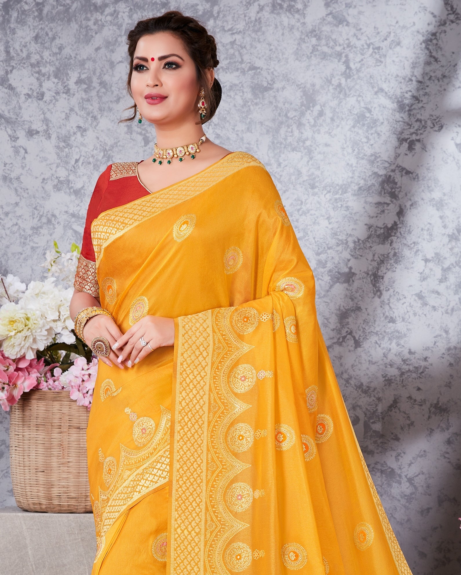 Women's Golden Yellow Zari Woven Soft Silk Party Wear Saree