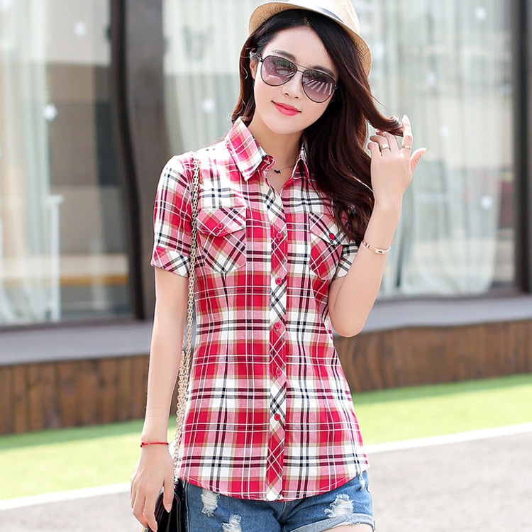 2021 summer new fashion plaid short sleeve shirt women summer blouse shirt casual cotton tops girl summer clothing shirt