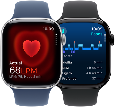 Un Apple Watch Series 10 con la app Frecuencia Cardiaca que muestra una lectura actual de 68 LPM y otro Apple Watch Series 10 con una notificación de apnea del sueño