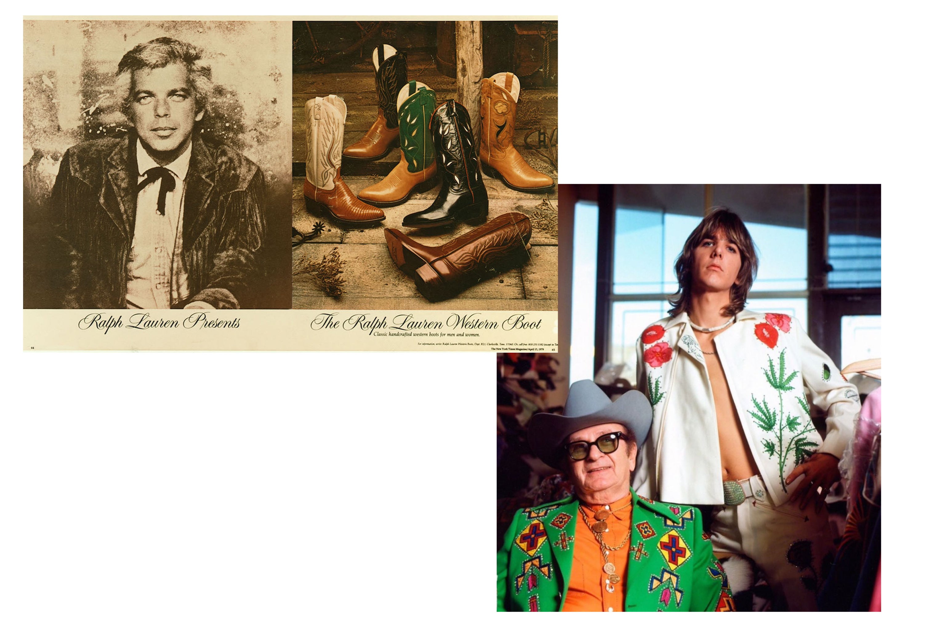 From left to right: The Ralph Lauren 1979 campaign promoting a cowboy fashion revival; Nudie Cohn with Gram Parson, both wearing the designer's Western-esque suits.