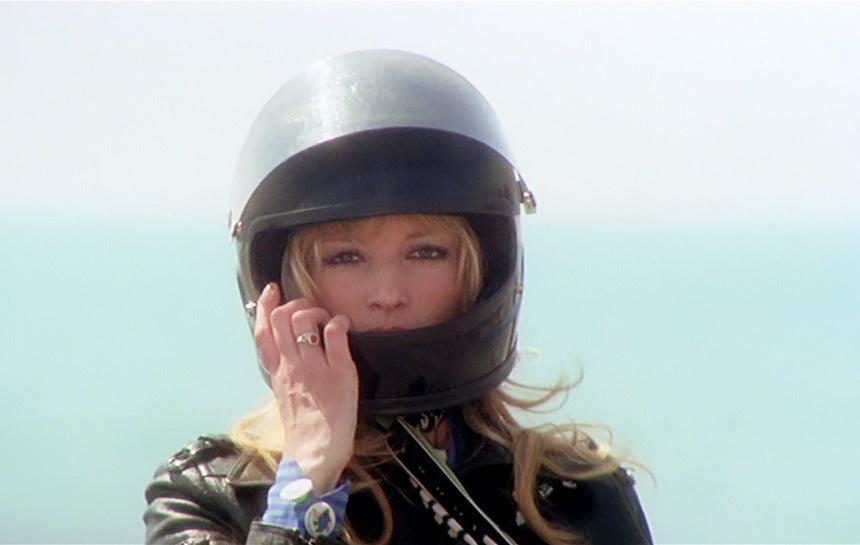 The biker look of Monica Vitti in Qui comincia l'avventura, 1975
