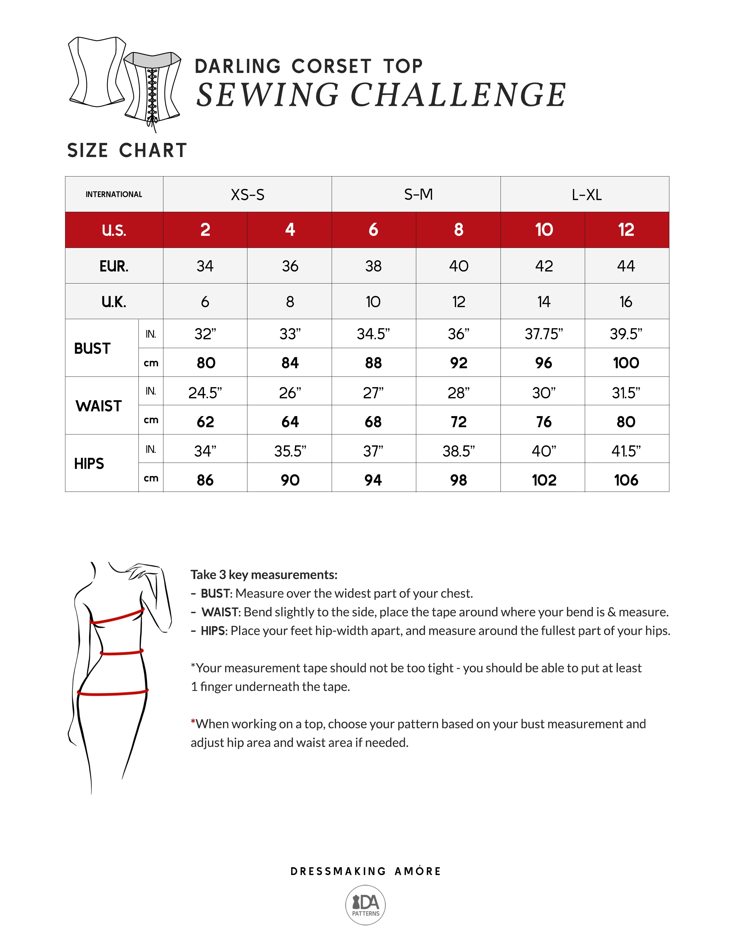 Darling Corset Top Pattern Size Chart by Dressmaking Amóre