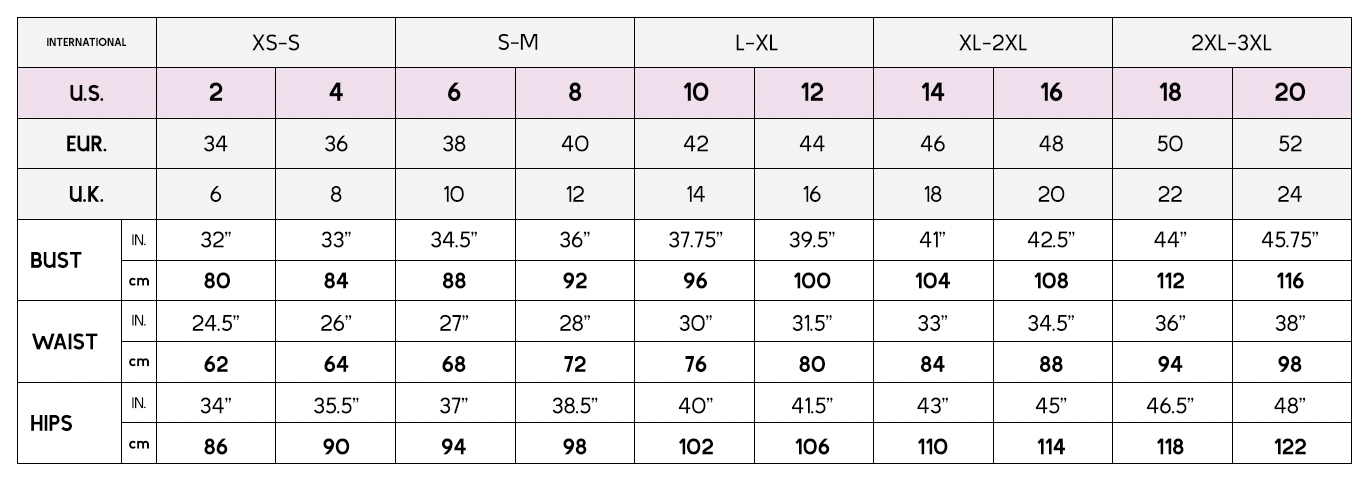 Size Chart for Dressmaking Amóre PDF Sewing Patterns