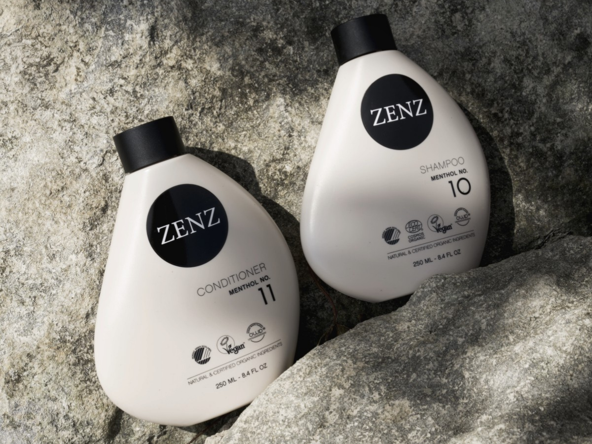Shampoo no. 10 and Conditioner no. 11 Menthol from ZENZ Organic on a rock