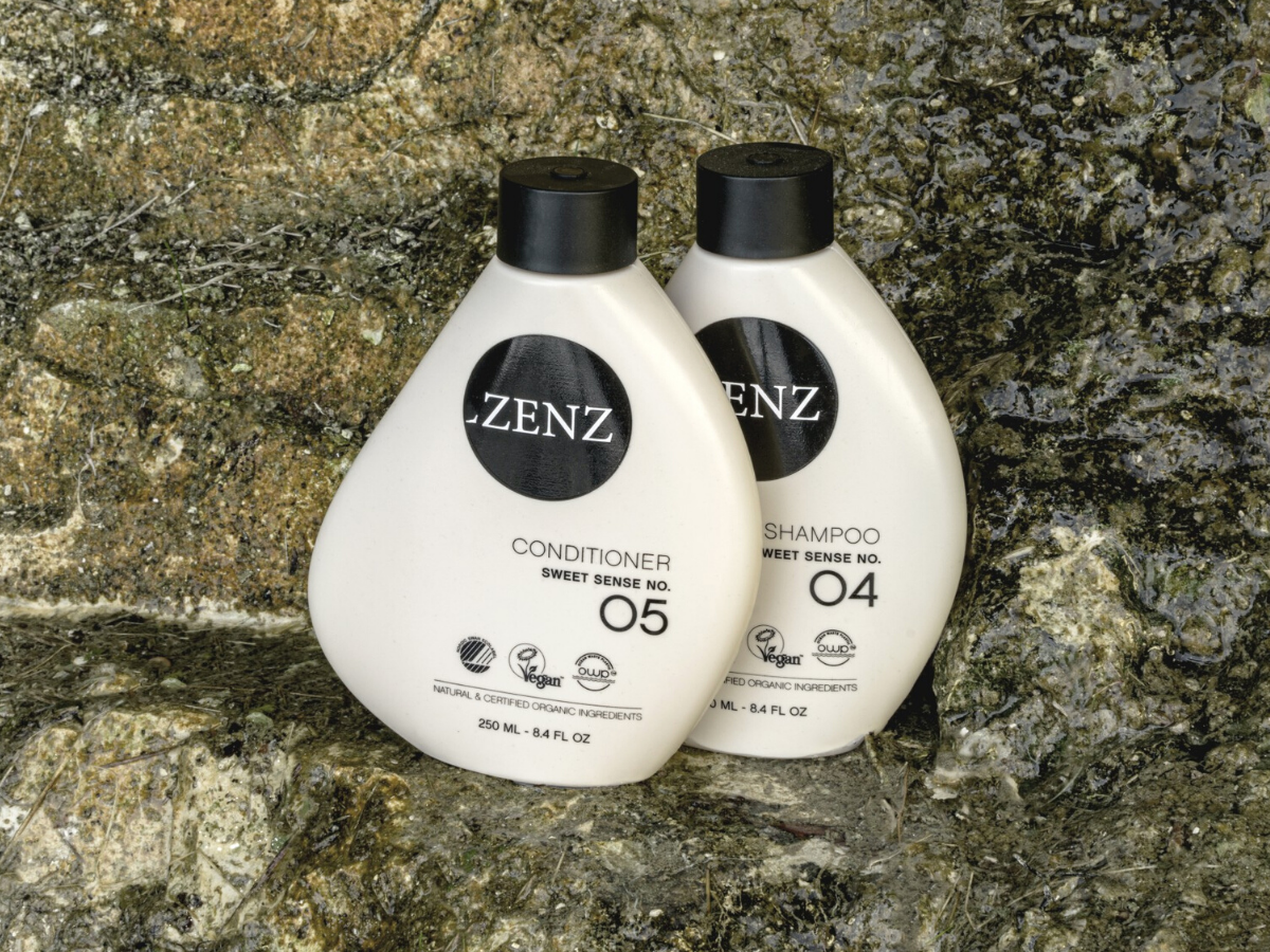 Shampoo no. 04 Conditioner no. 05 Sweet Sense from ZENZ Organic on rocks