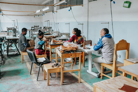 Leather workshop in Addis Ababa, Ethiopia producing leather purses and goods