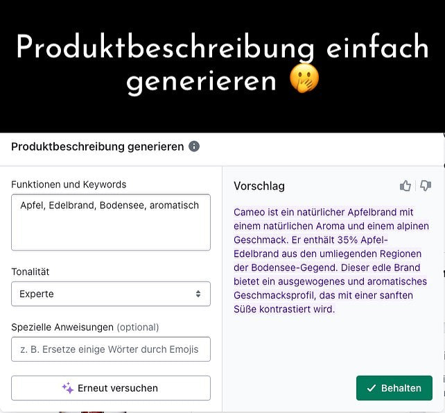 Mittelmäßige durch ChatGPT generierte Produktbeschreibung für unseren Cameo Apfelbrand.