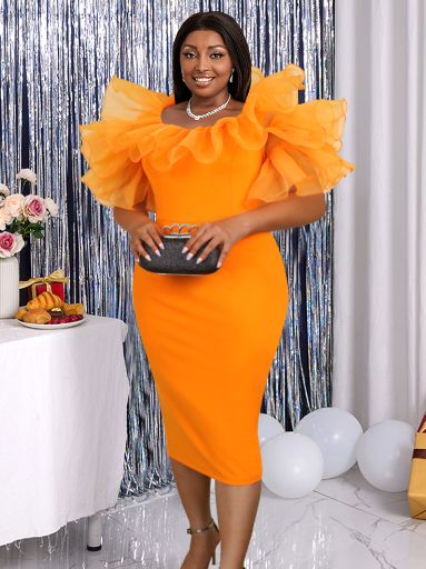Plus Size 4XL Ruffle Party Dresses Bodycon Pleated Tulle See Through Short Sleeve High Waist African Gown Evening Vestidio