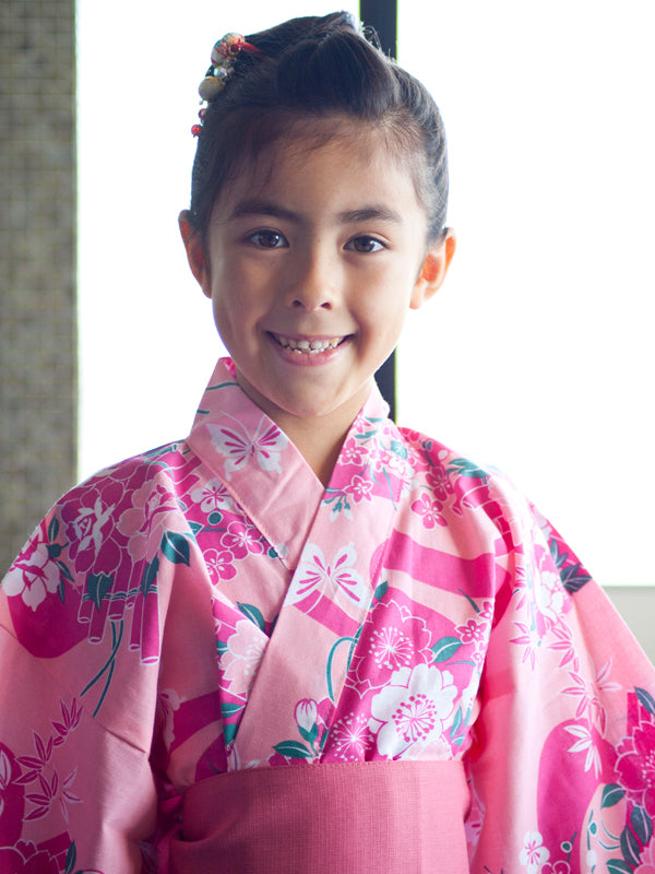 带腰带的浴衣。适合儿童、儿童、女孩。日本制造Midori 浴衣“浅蓝色樱花 