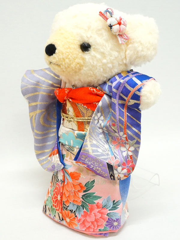 Ours en peluche portant un kimono. 29 cm (11.4") fabriqué au Japon. Poupée ourson en peluche portant un kimono. "Bleu / Mélange"