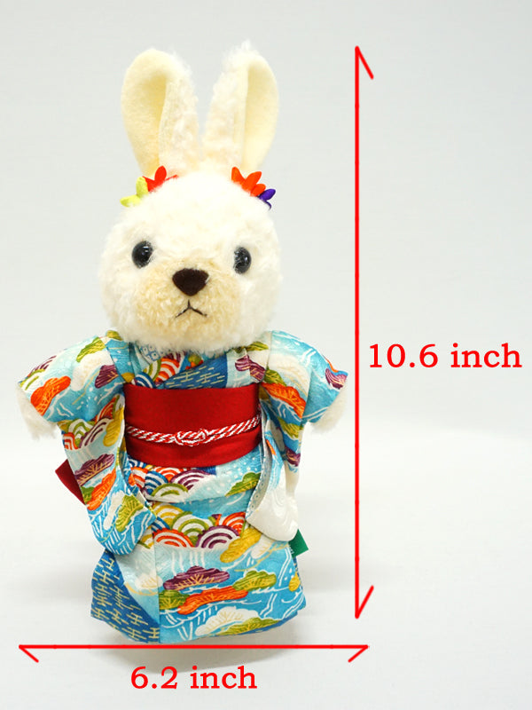 穿着和服的填充兔子。10.6" (27cm) 日本制造。填充动物和服泰迪熊兔子娃娃玩具 "红色/浅蓝色"