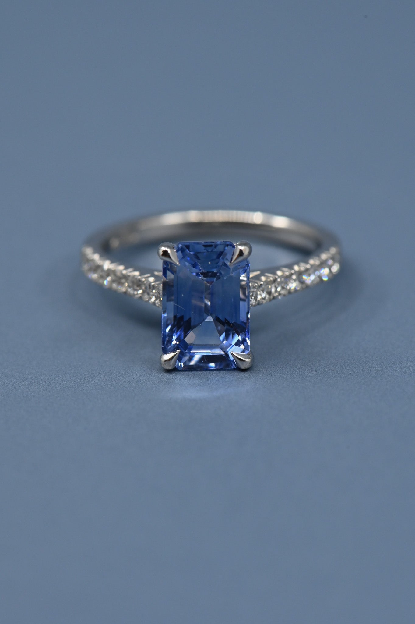 Three Stone Accented Round Cut Engagement Ring, Sapphire