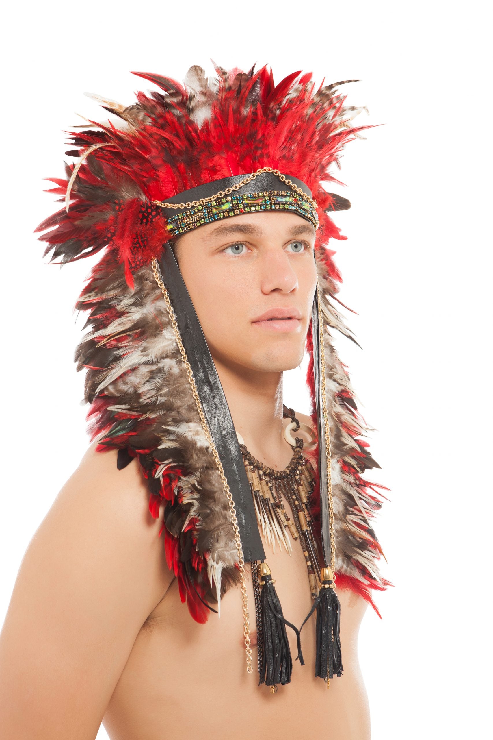 Men's Red Long Feather Headdress by Neon Panda 