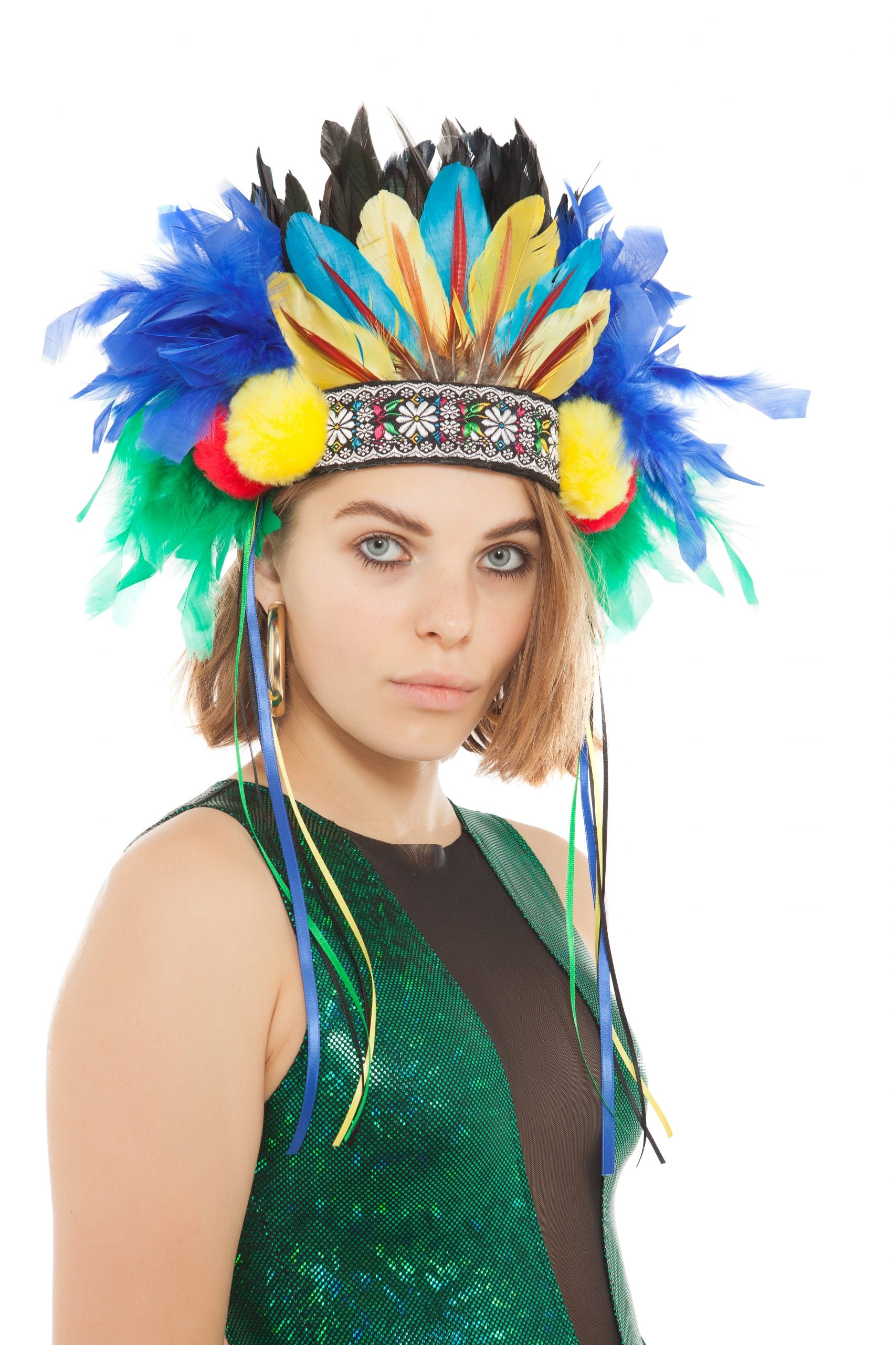 Blue and Green Feather Headpiece with Pompoms by Neon Panda 