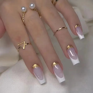 LANFUBEISI Pure French Sparkling Gold Powder Mid length Ballet Armor White European and American Sweet Girls' Ins Style False Nail - LANFUBEISI