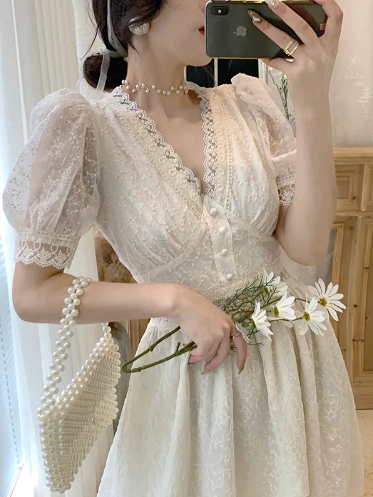 LANFUBEISI Summer Elegant Lace Fairy Dresses Women Embroidery Mesh Sweet Party Long Dress Female Elegant Korean Lolita Princess Dress
