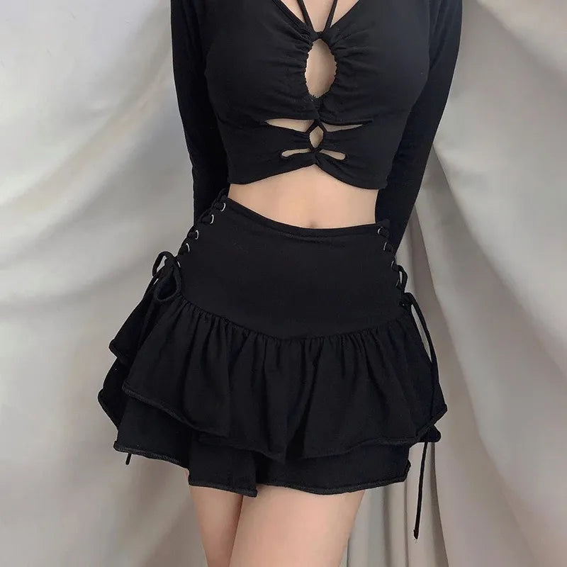 LANFUBEISI Japanese Harajuku Girls Sweet Lace Plaid High Waist Pleated Skirt Gothic Cute Lolita Cake Mini Goth Dark Sexy Skirt
