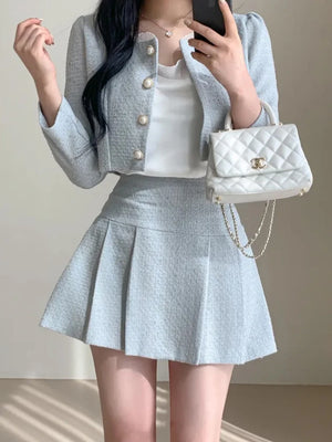 LANFUBEISI Fashion Korea Elegant Tweed Small Fragrance Short Jacket Cropped Coats + High Waist Mini Skirts Suits Slim Women Two Piece Sets - LANFUBEISI
