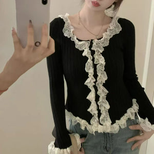LANFUBEISI Japanese Sweet Lolita Knitted Cardigan Women Autumn Winter Vintage Elegance Lace Patchwork Long Sleeve Top Female Korean Jumpers - LANFUBEISI