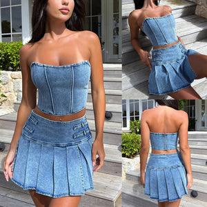 LANFUBEISI Summer Blue Denim Two Pieces Skirts Sets Women Jeans Streetwear Low Cut Straps Bustier Crop Tops+Mini Bodycon Skirts Club Sets - LANFUBEISI
